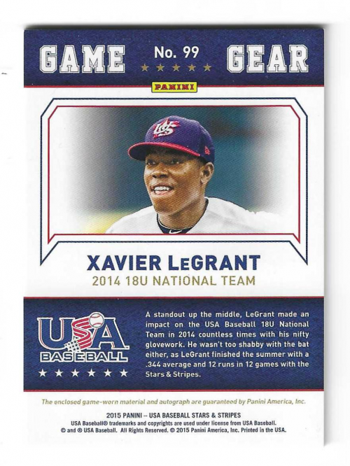 2015 USA Baseball Stars and Stripes Game Gear Materials Signatures Longevity #99 Xavier LeGrant/49 back image