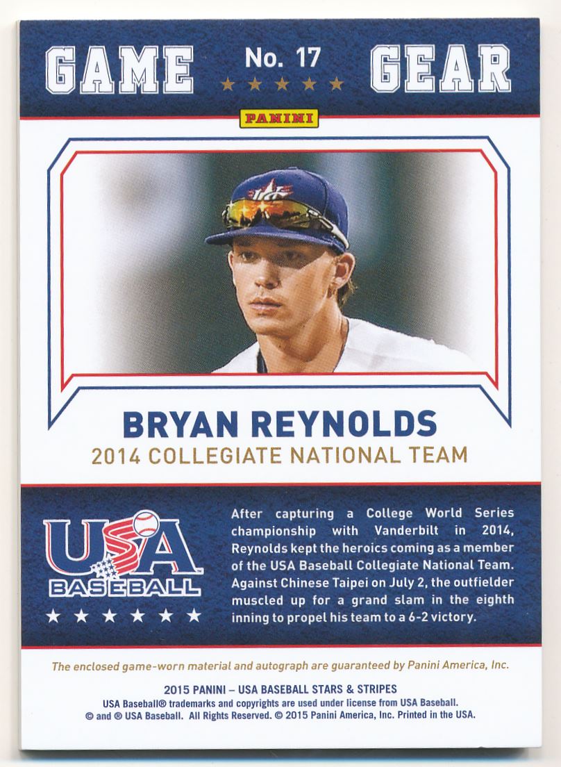 2015 USA Baseball Stars and Stripes Game Gear Materials Signatures Longevity Sapphire #17 Bryan Reynolds/25 back image