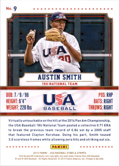 2015 USA Baseball Stars and Stripes Longevity Ruby #9 Austin Smith back image