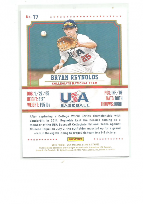 2015 USA Baseball Stars and Stripes Longevity Ruby #17 Bryan Reynolds back image