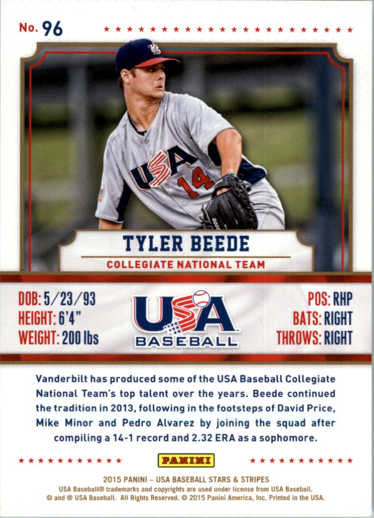 2015 USA Baseball Stars and Stripes Longevity Ruby #96 Tyler Beede back image