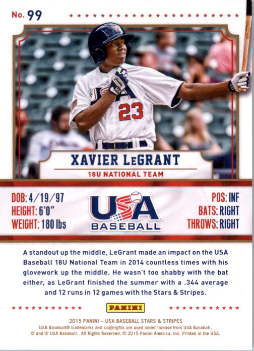 2015 USA Baseball Stars and Stripes Longevity Ruby #99 Xavier LeGrant back image
