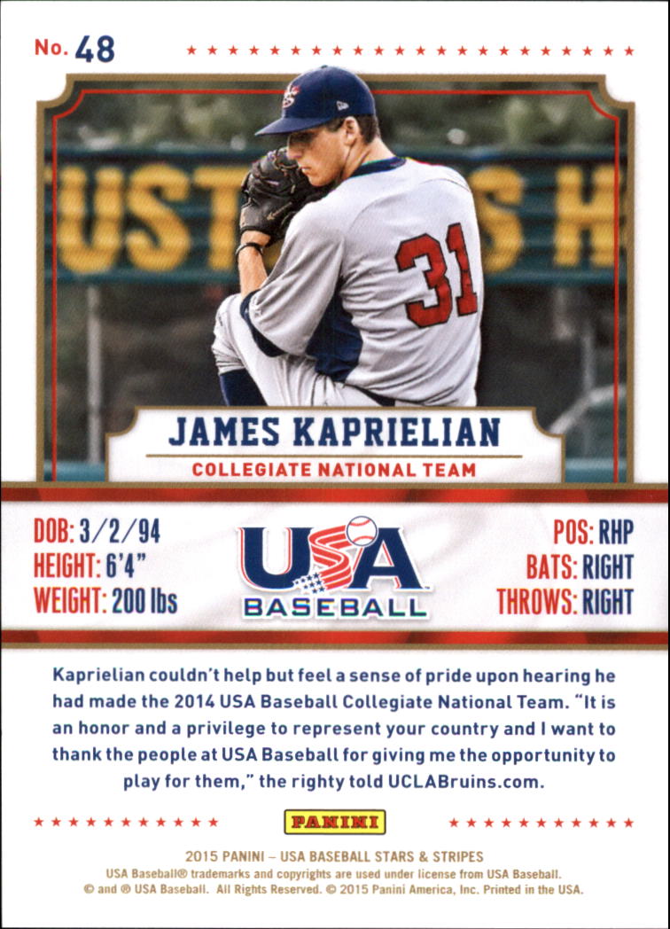 2015 USA Baseball Stars and Stripes Longevity Sapphire #48 James Kaprielian back image