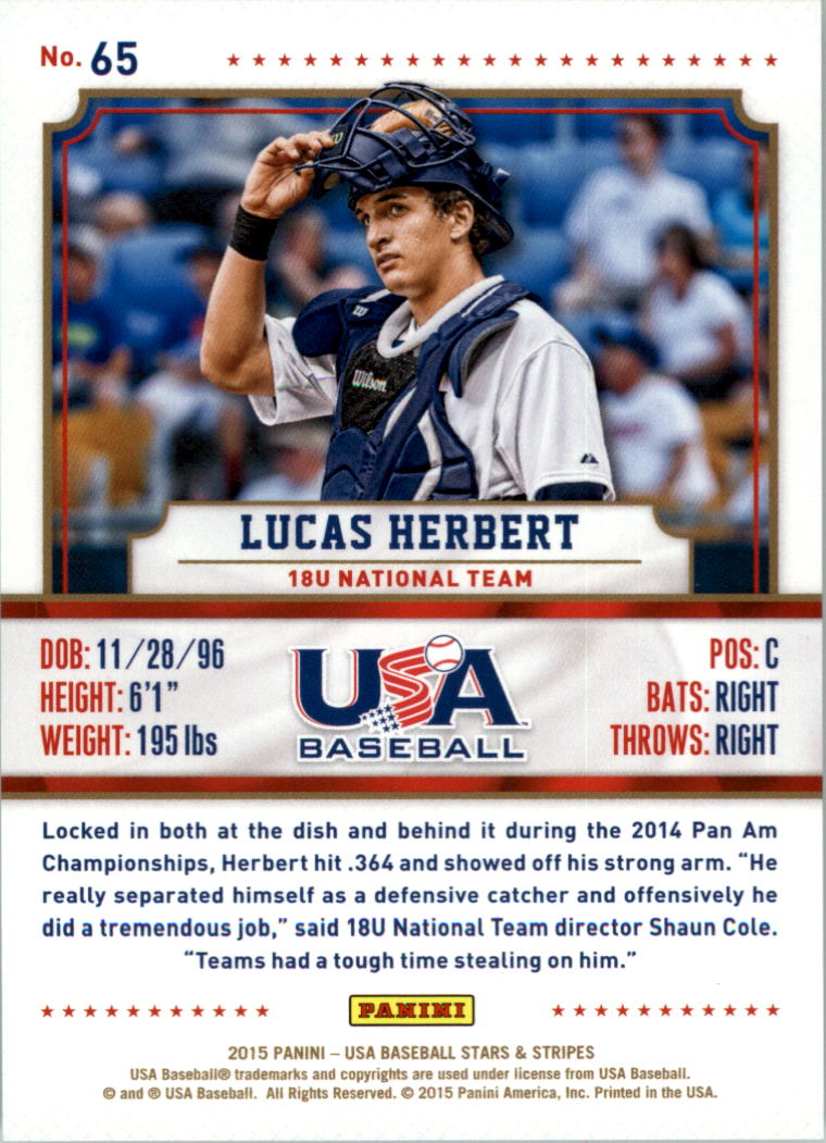 2015 USA Baseball Stars and Stripes Longevity Sapphire #65 Lucas Herbert back image