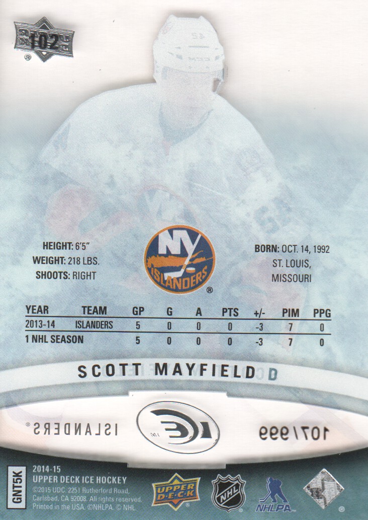 2014-15 Upper Deck Ice #102 Scott Mayfield/999 RC back image