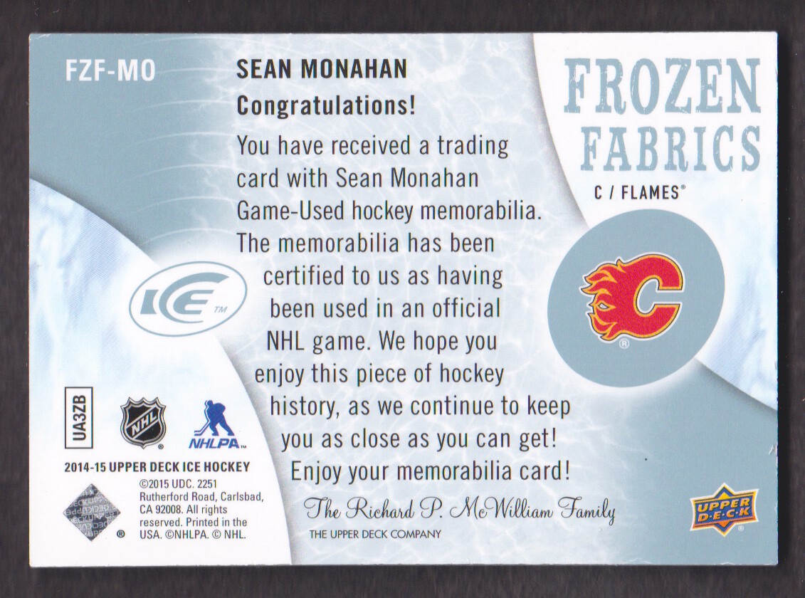 2014-15 Upper Deck Ice Frozen Fabrics #FZFMO Sean Monahan C back image