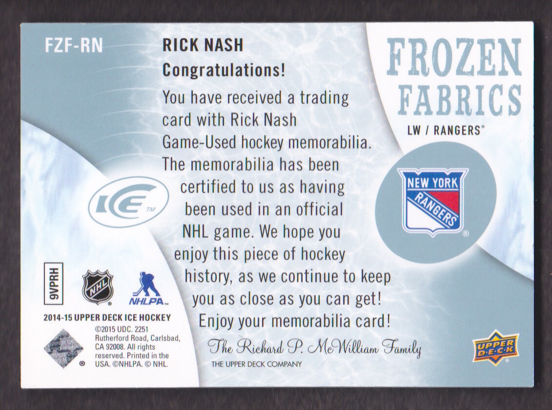 2014-15 Upper Deck Ice Frozen Fabrics #FZFRN Rick Nash C back image