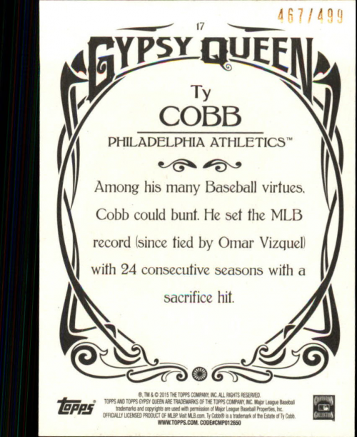 2015 Topps Gypsy Queen Framed Bronze #17 Ty Cobb back image