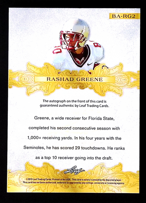 2015 Leaf Ultimate Draft Gold #BARG2 Rashad Greene back image