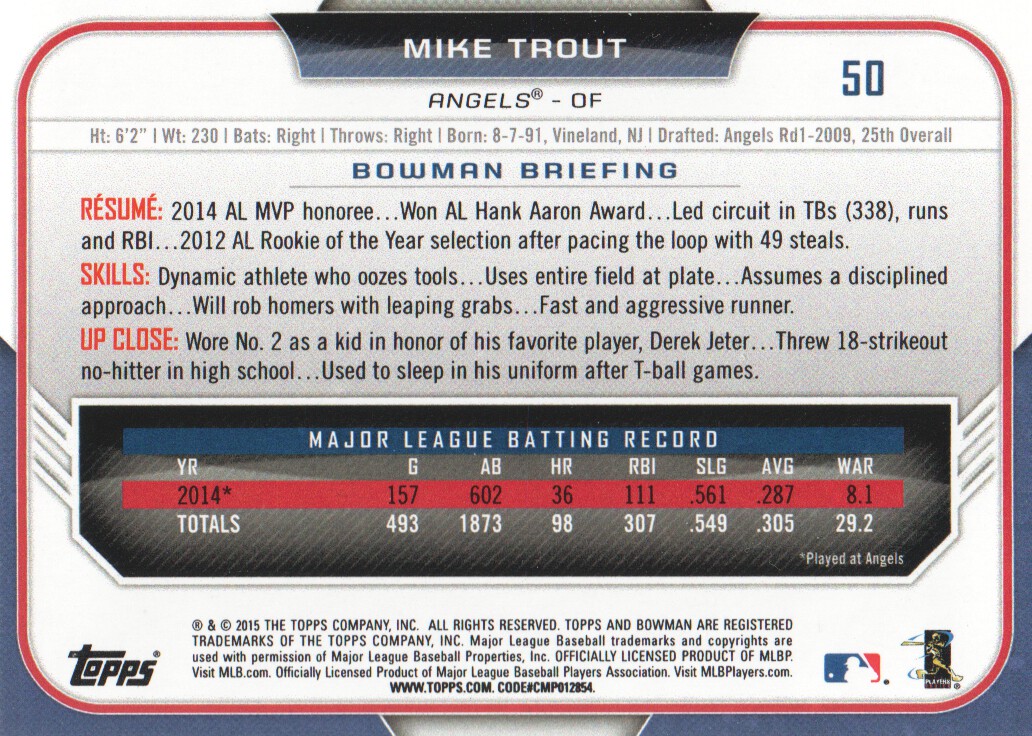 2015 Bowman #50 Mike Trout back image