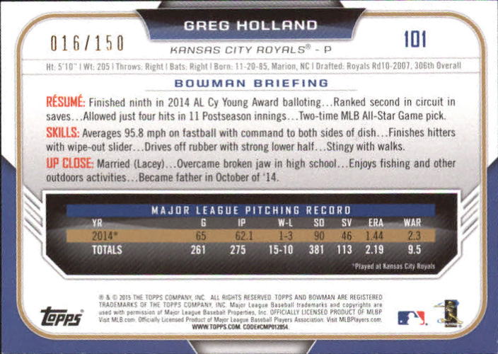2015 Bowman Blue #101 Greg Holland back image