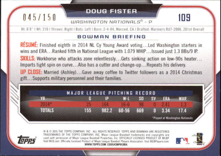 2015 Bowman Blue #109 Doug Fister back image