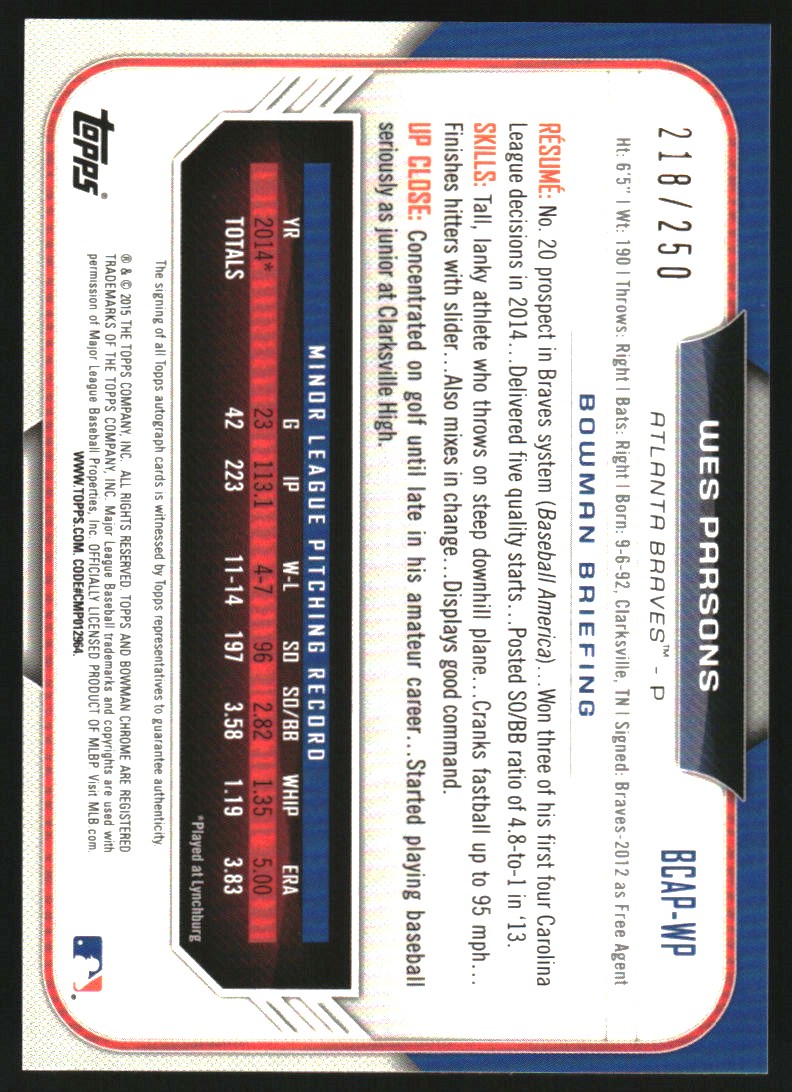 2015 Bowman Chrome Prospect Autographs Purple Refractors #BCAPWP Wes Parsons