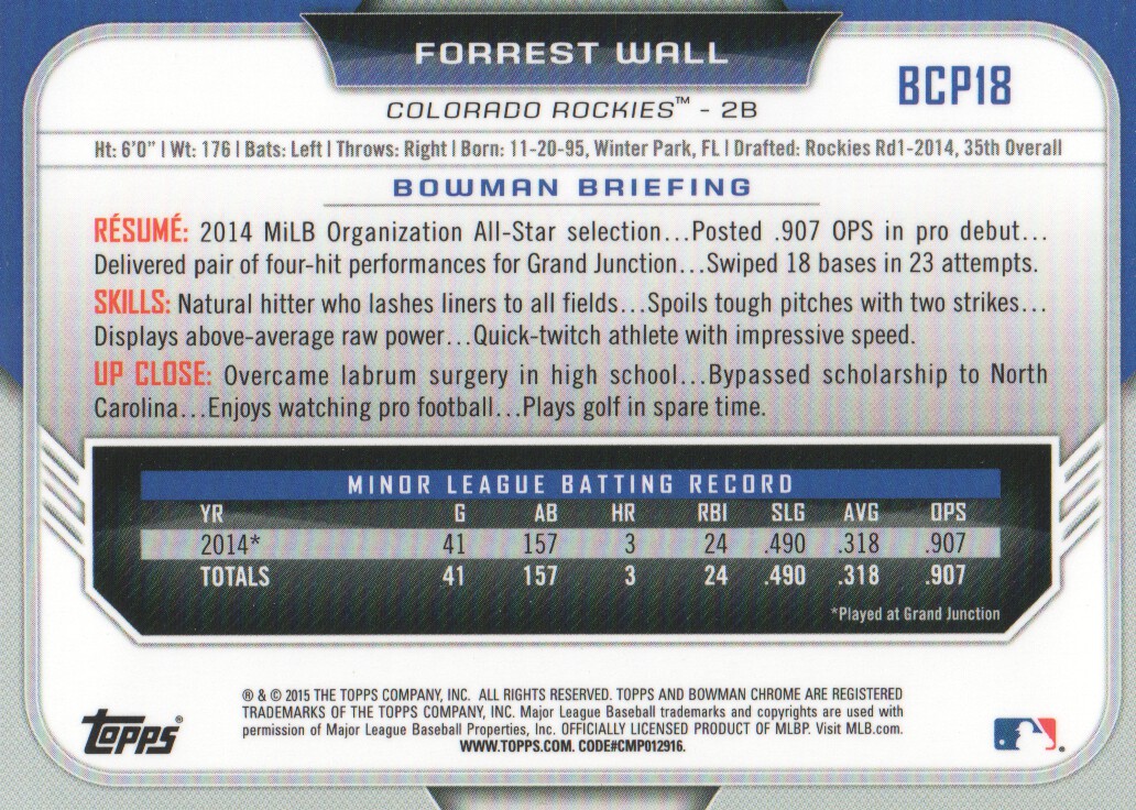 2015 Bowman Chrome Prospects #BCP18 Forrest Wall back image