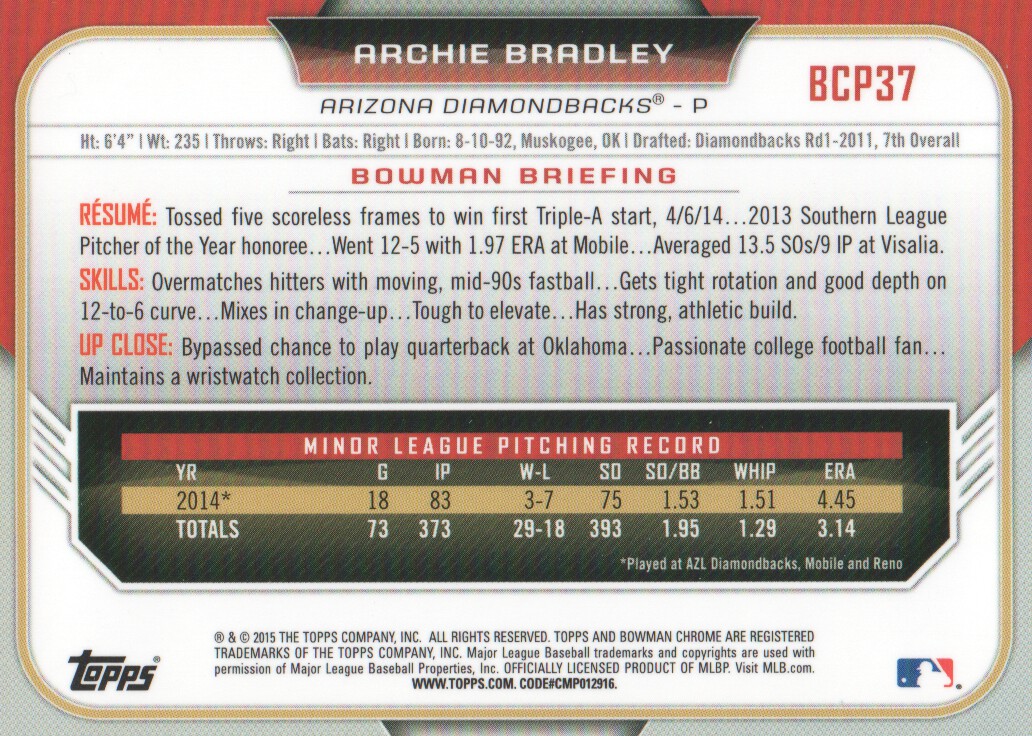 2015 Bowman Chrome Prospects #BCP37 Archie Bradley back image