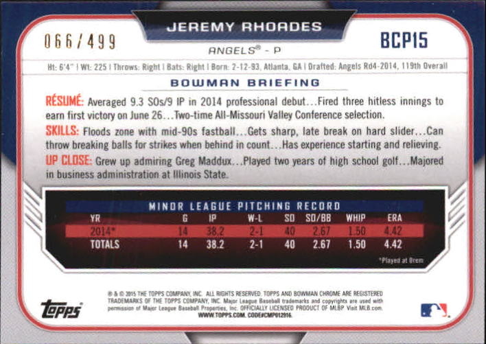2015 Bowman Chrome Prospects Refractors #BCP15 Jeremy Rhoades back image