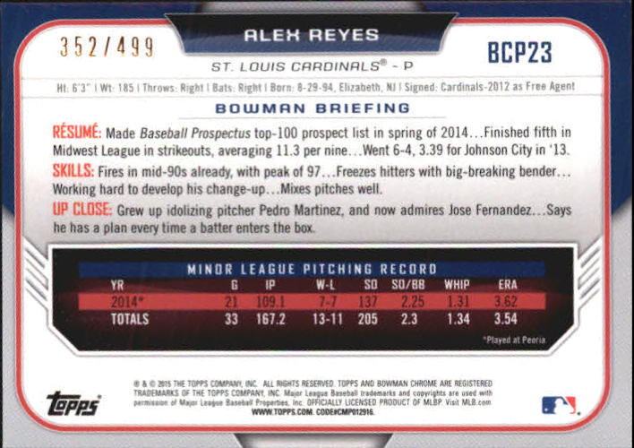 2015 Bowman Chrome Prospects Refractors #BCP23 Alex Reyes back image