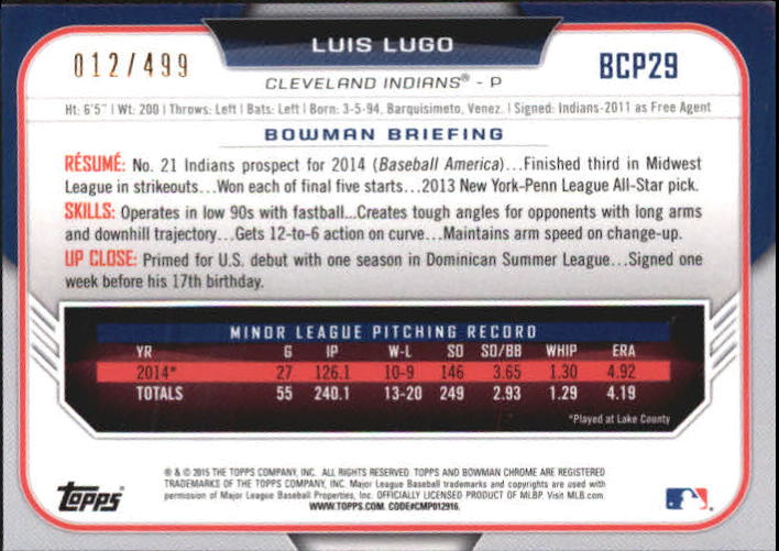 2015 Bowman Chrome Prospects Refractors #BCP29 Luis Lugo back image