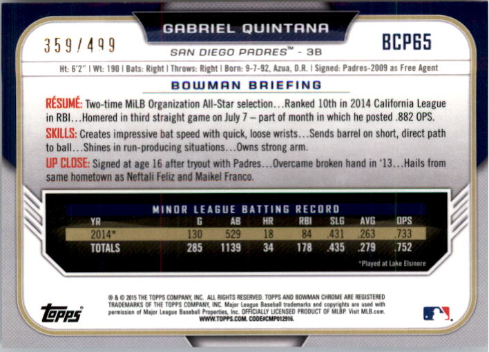 2015 Bowman Chrome Prospects Refractors #BCP65 Gabriel Quintana back image
