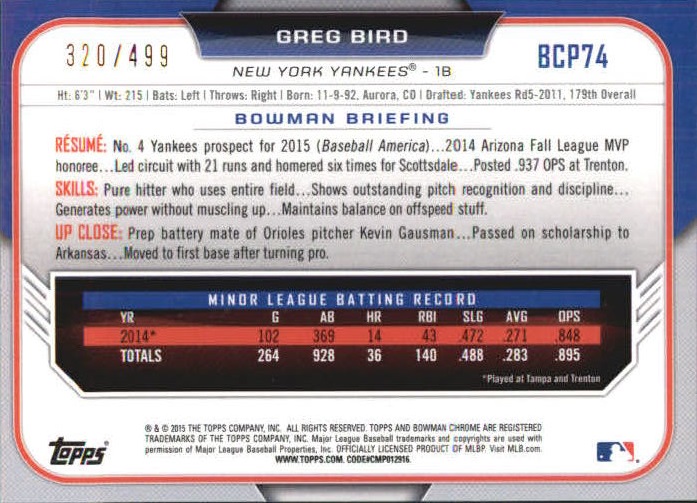 2015 Bowman Chrome Prospects Refractors #BCP74 Greg Bird back image
