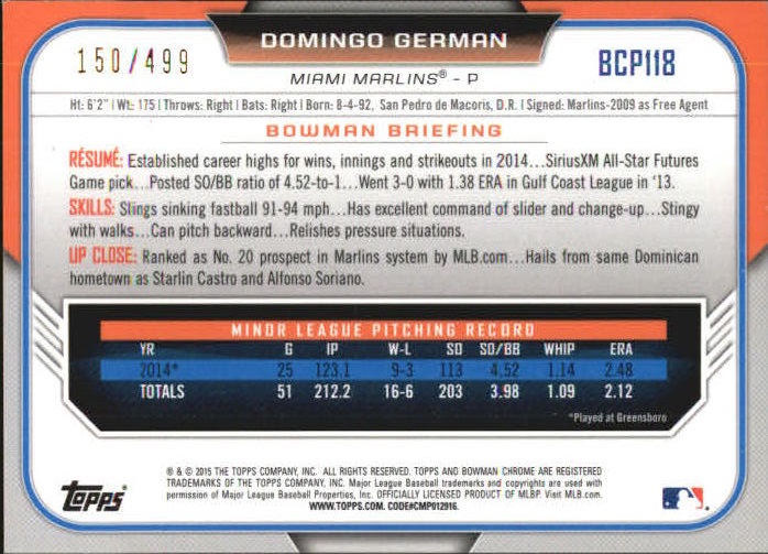 2015 Bowman Chrome Prospects Refractors #BCP118 Domingo German back image