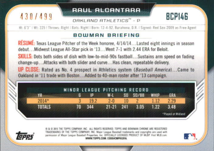 2015 Bowman Chrome Prospects Refractors #BCP146 Raul Alcantara back image