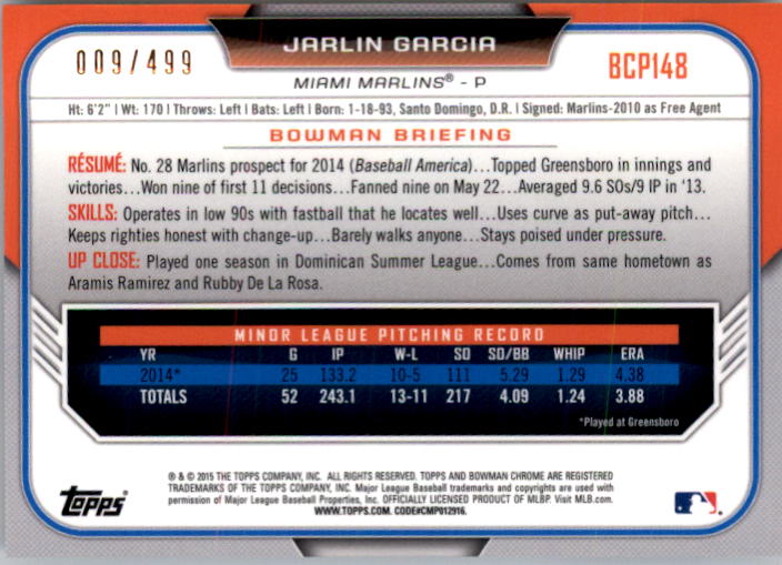 2015 Bowman Chrome Prospects Refractors #BCP148 Jarlin Garcia back image