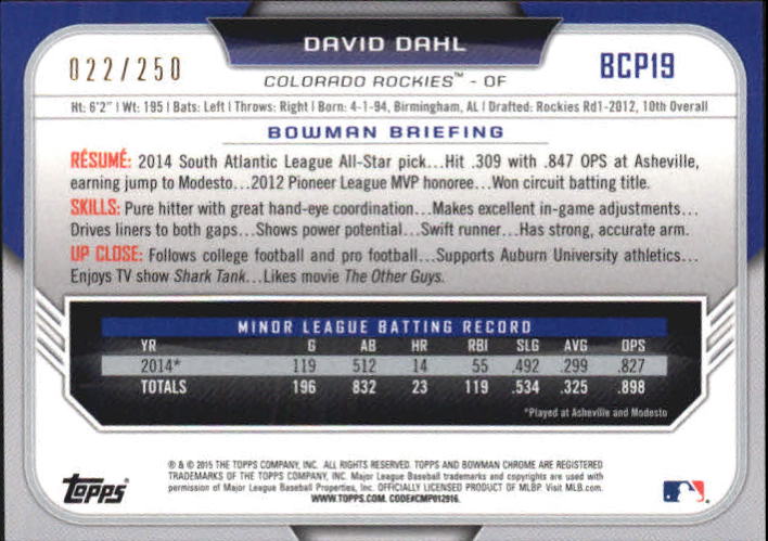 2015 Bowman Chrome Prospects Purple Refractors #BCP19 David Dahl back image