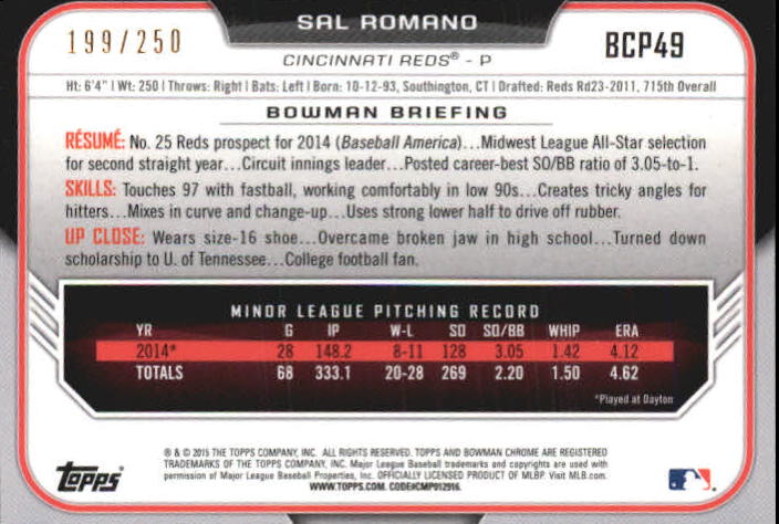 2015 Bowman Chrome Prospects Purple Refractors #BCP49 Sal Romano back image