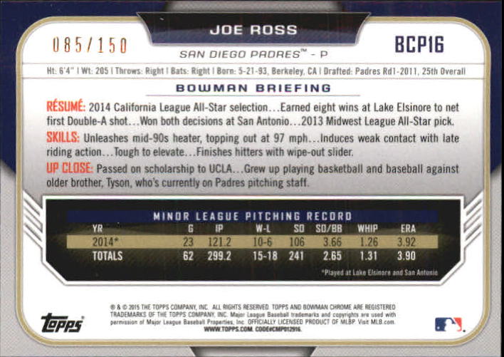 2015 Bowman Chrome Prospects Blue Refractors #BCP16 Joe Ross back image