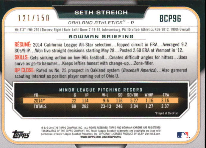 2015 Bowman Chrome Prospects Blue Refractors #BCP96 Seth Streich back image