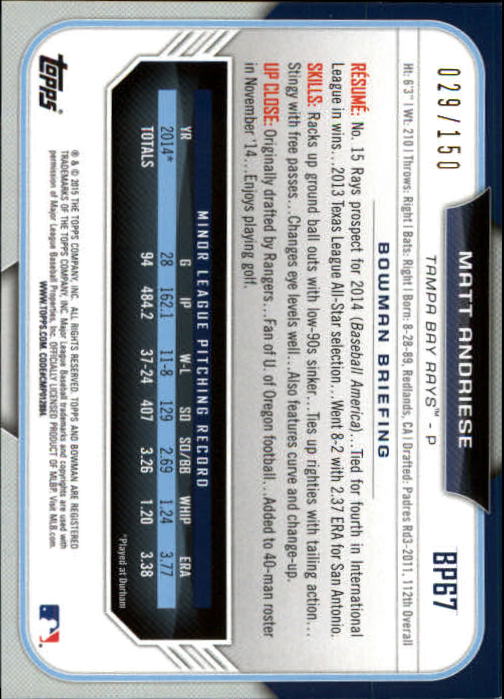 2015 Bowman Prospects Blue #BP67 Matt Andriese back image