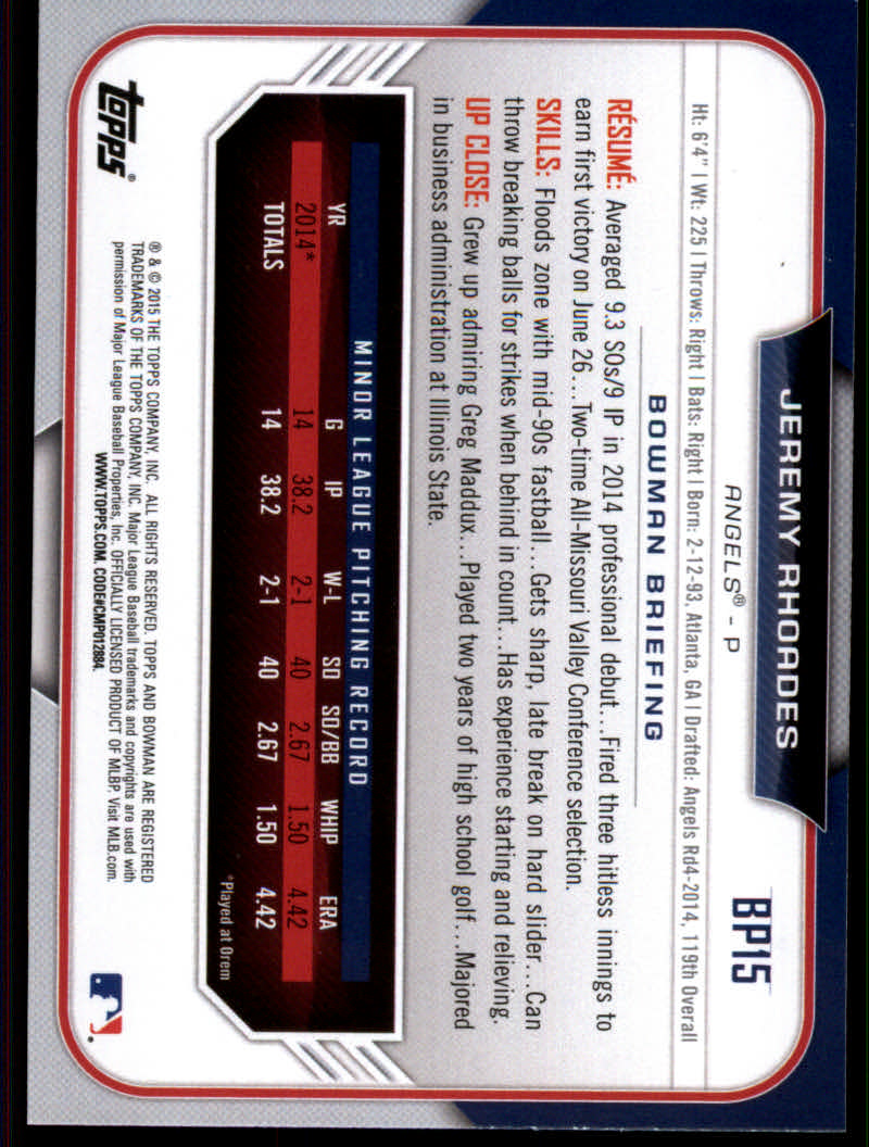 2015 Bowman Baseball "Prospects Color" Insert Parallel Cards - Picture 25 of 39