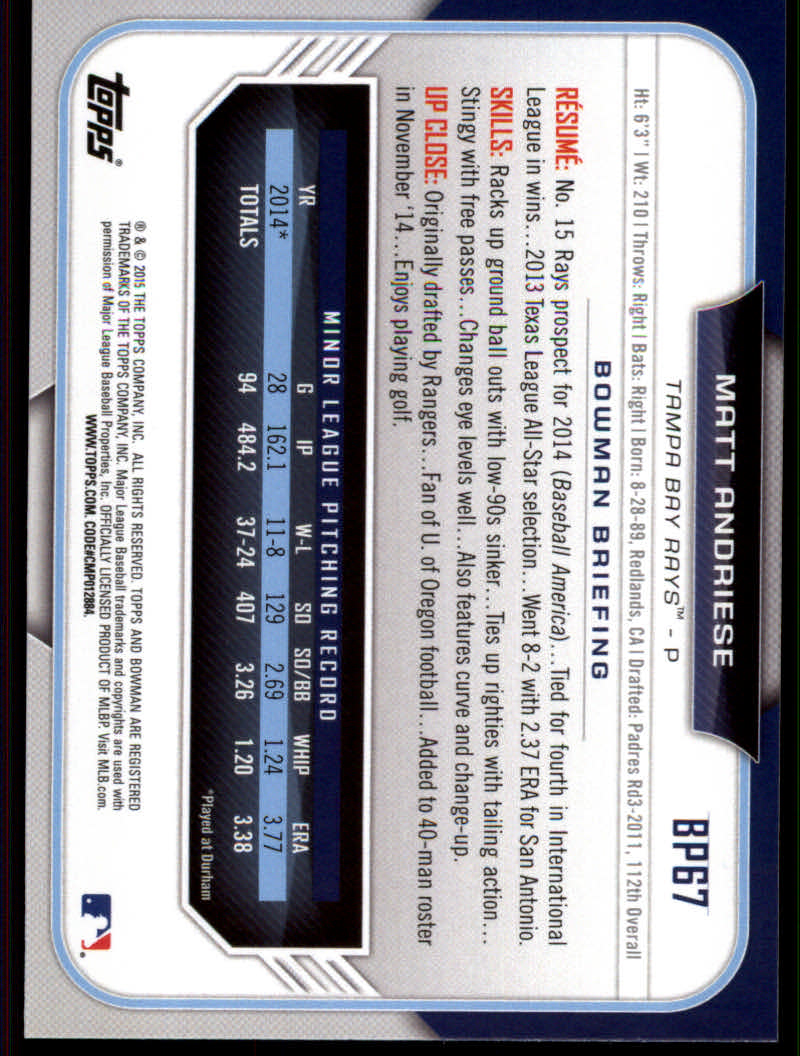 2015 Bowman Baseball "Prospects Color" Insert Parallel Cards - Picture 31 of 39