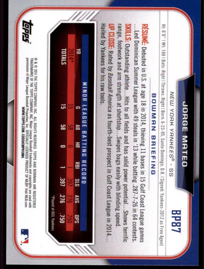 2015 Bowman Baseball "Prospects Color" Insert Parallel Cards - Picture 33 of 39
