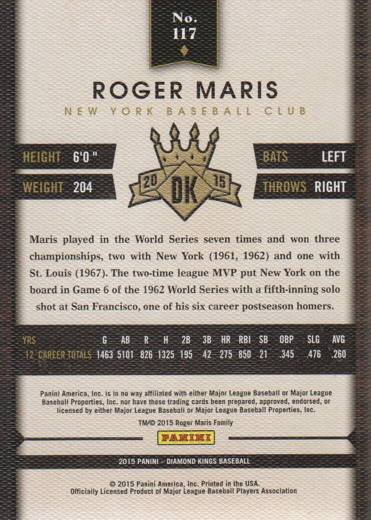2015 Diamond Kings #117 Roger Maris back image