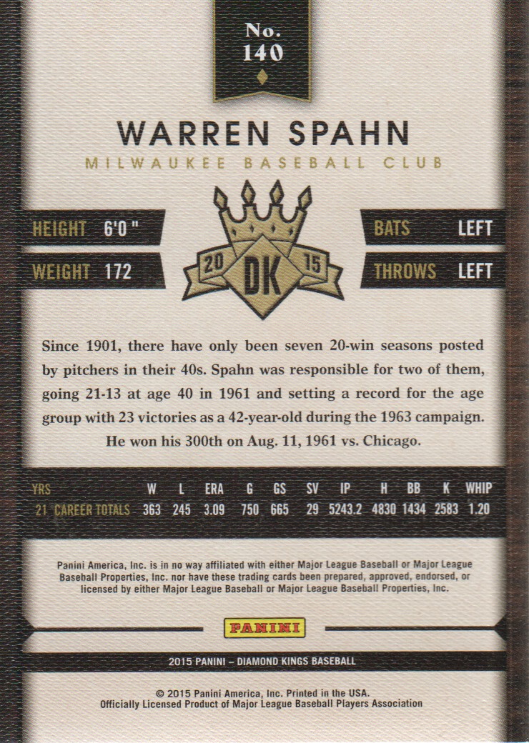 2015 Diamond Kings #140 Warren Spahn back image