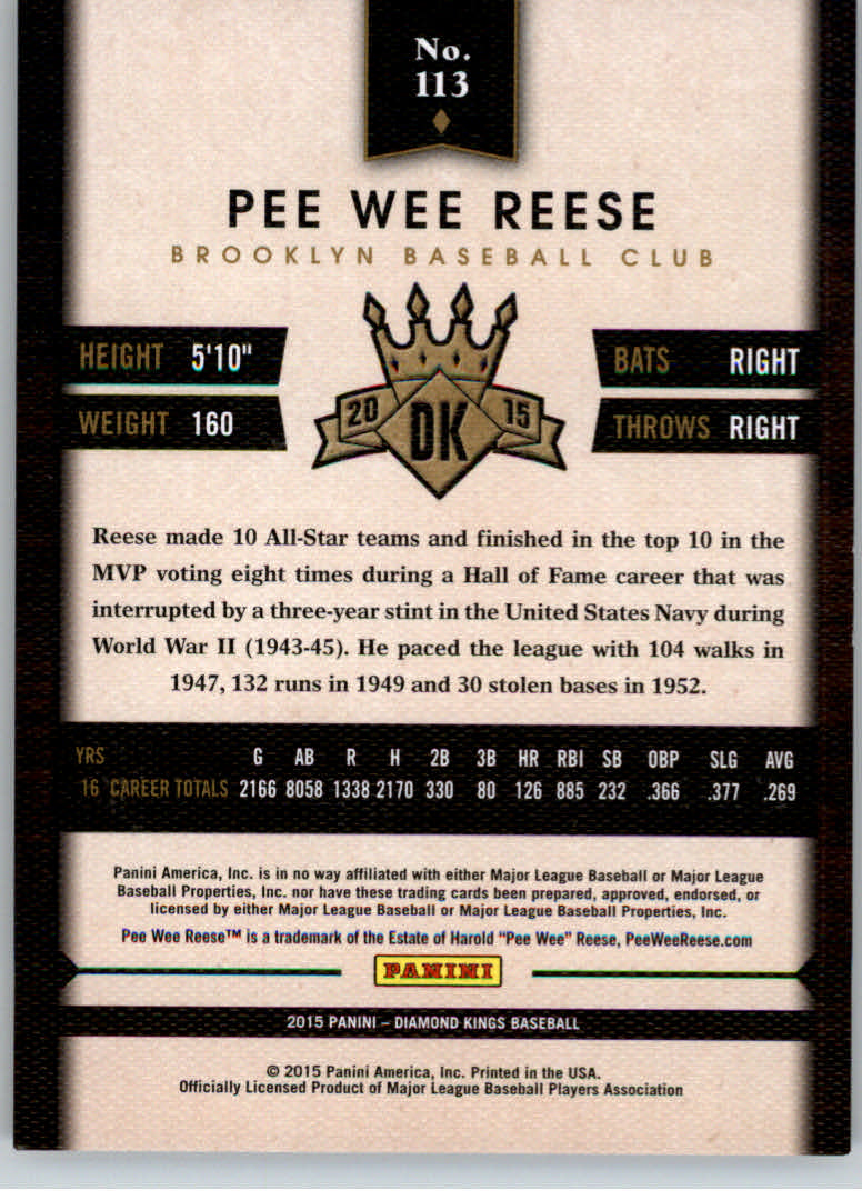2015 Diamond Kings Framed Red #113 Pee Wee Reese back image