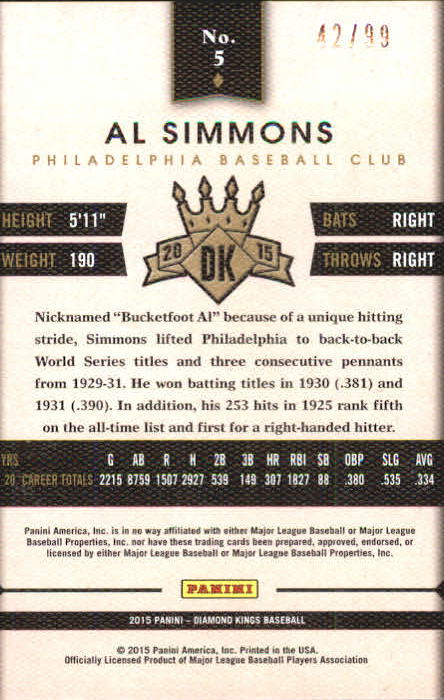 2015 Diamond Kings Framed Blue #5 Al Simmons back image