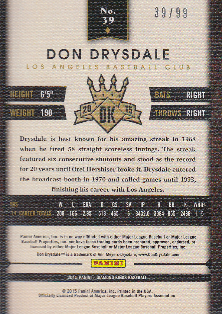 2015 Diamond Kings Framed Blue #39 Don Drysdale back image