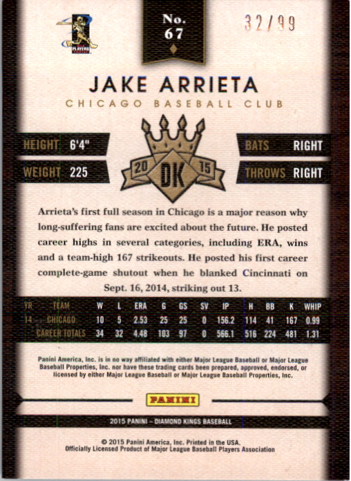 2015 Diamond Kings Framed Blue #67 Jake Arrieta back image