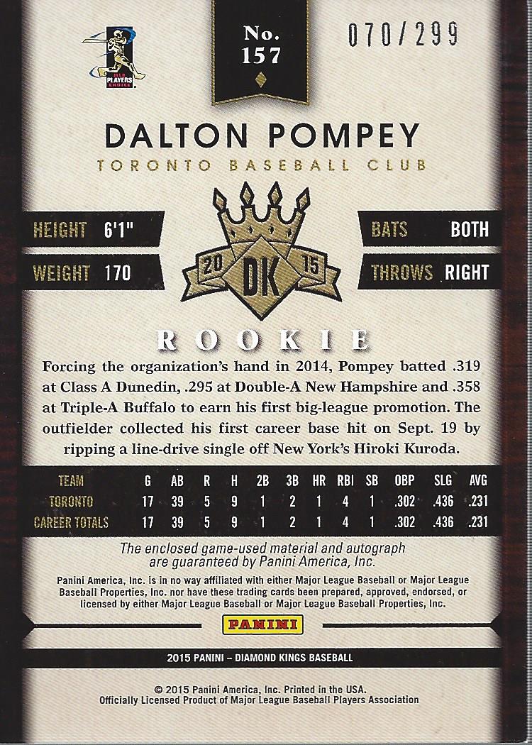 2015 Diamond Kings Rookie Signature Materials Silver #157 Dalton Pompey/299 back image