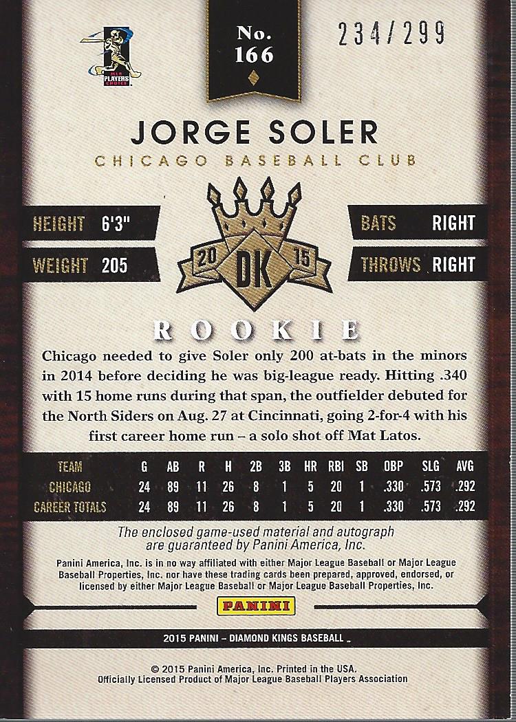 2015 Diamond Kings Rookie Signature Materials Silver #166 Jorge Soler/299 back image