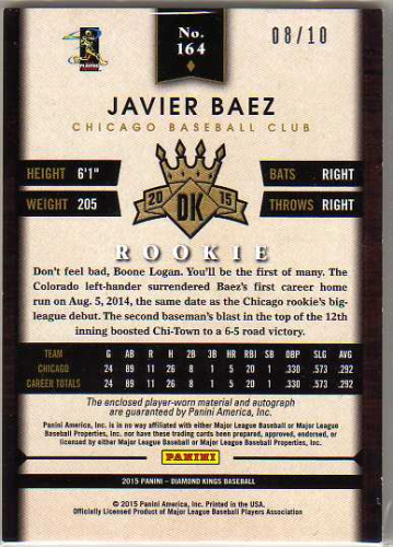 2015 Diamond Kings Rookie Signature Materials Gold #164 Javier Baez back image