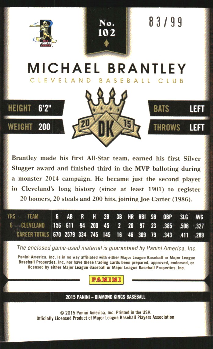 2015 Diamond Kings DK Materials Silver #102 Michael Brantley/99 back image