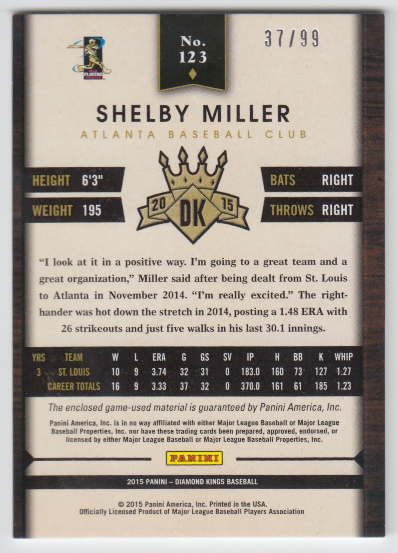 2015 Diamond Kings DK Materials Silver #123 Shelby Miller/99 back image