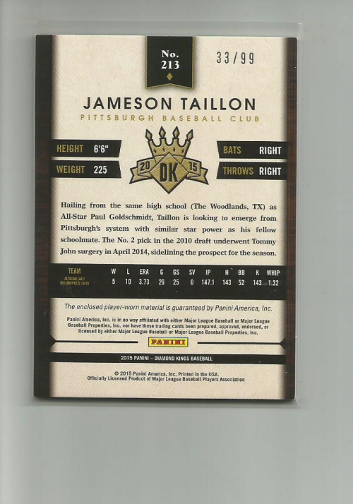 2015 Diamond Kings DK Materials Framed Red #213 Jameson Taillon/99 back image