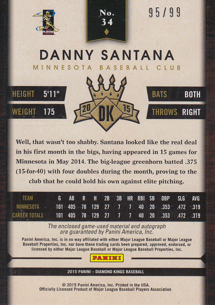 2015 Diamond Kings DK Signature Materials Framed Red #34 Danny Santana/99 back image