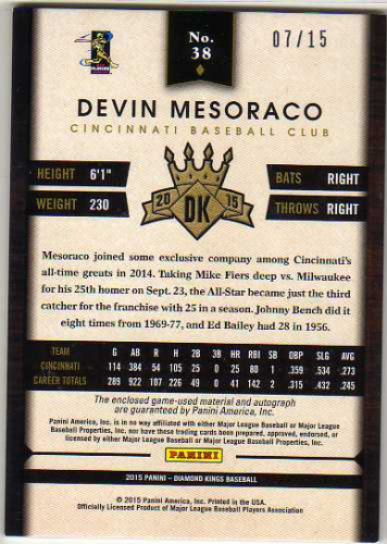 2015 Diamond Kings DK Signature Materials Framed Red #38 Devin Mesoraco/15 back image