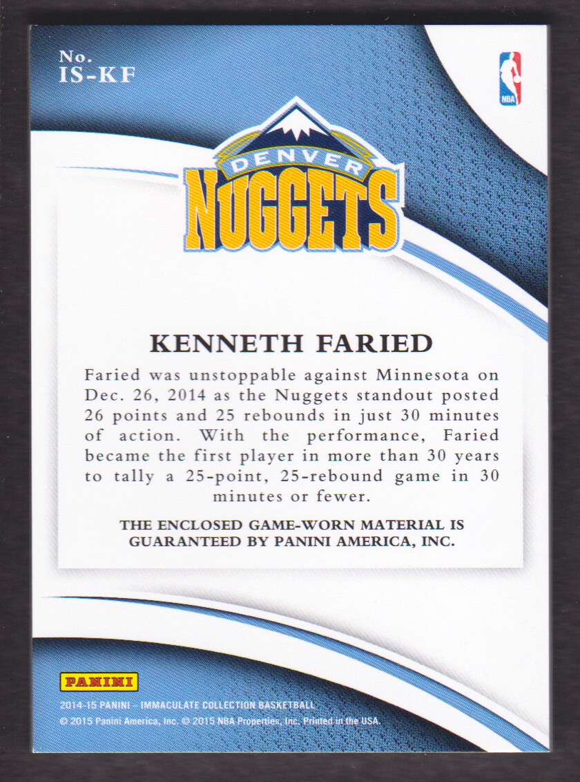 2014-15 Immaculate Collection Immaculate Standard Materials #19 Kenneth Faried/75 back image